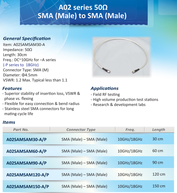 A02 Series 50Ω (SMA to SMA)